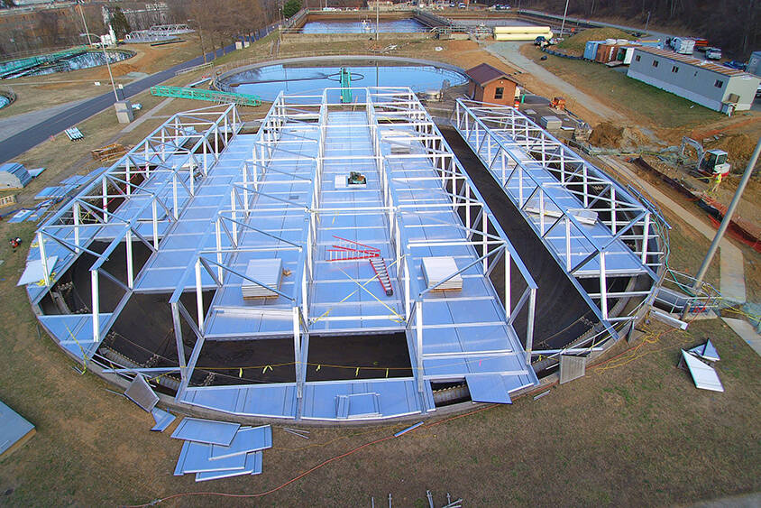 Partial aerial of aluminum tresses covering clarifiers